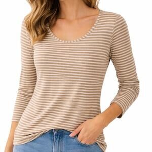 Humanoid Double Knit Top Medium Tan Stripe Scoop Neck Long Sleeve Minimalist